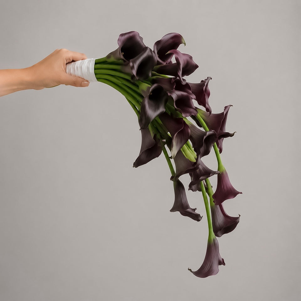After Midnight cascading dark burgundy calla lily bridal bouquet