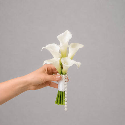 Devotion white calla lily bridesmaid bouquet with pearl detail