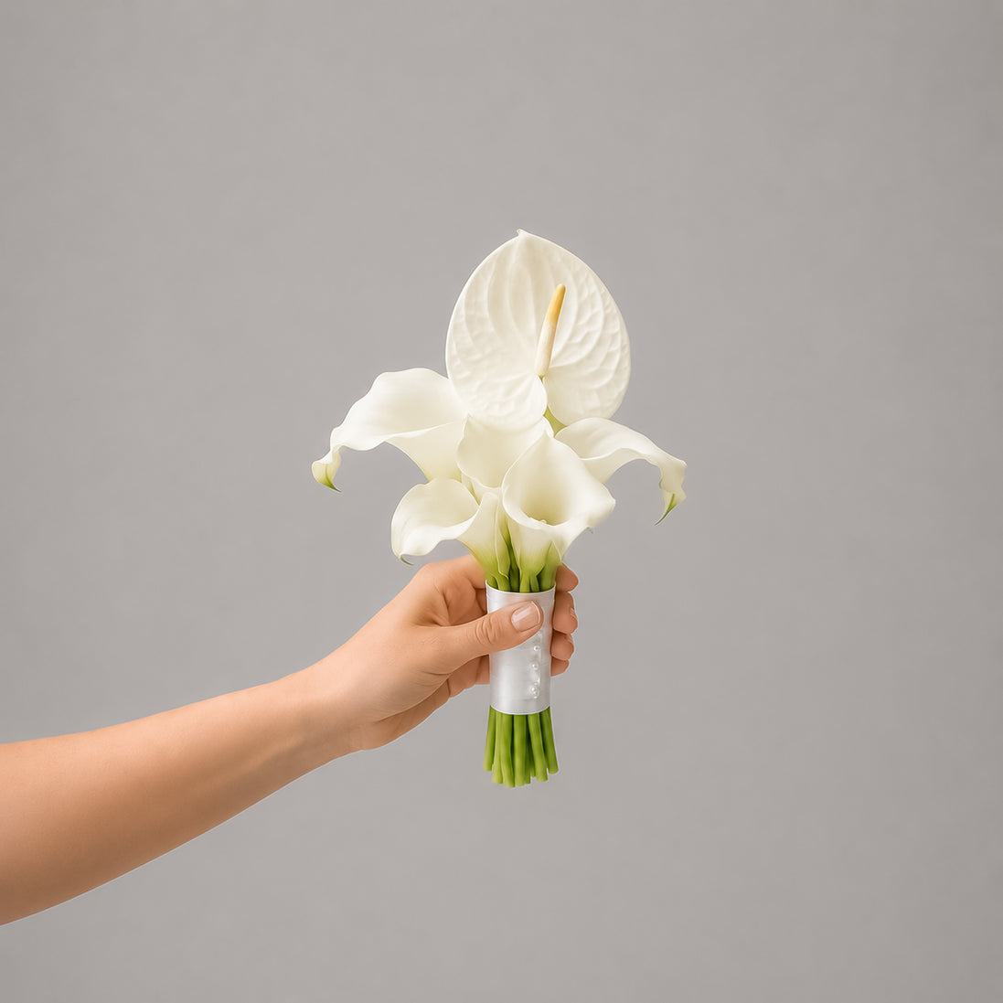 Modern Love white calla lily and anthurium bridesmaid bouquet