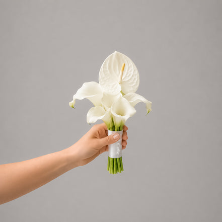 Modern Love white calla lily and anthurium bridesmaid bouquet