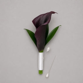 Velvet Night dark calla lily boutonniere with white satin ribbon